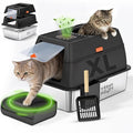XL Stainless Steel Cat Litter Box with Enclosure and Pooper Scooper - Durable Black Metal Litter Box for Big Cats, High Sides for Anti-Leakage, Never Absorbs Odors, Non-Sticky - (60x40cm) (Black)