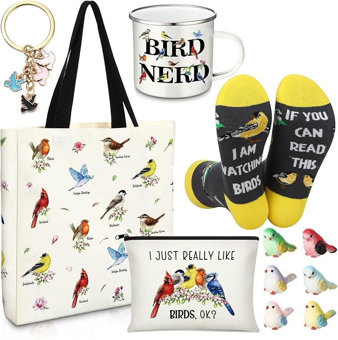 Bird Lover Gifts for Women Birthday Gifts Baskets Set Include Canvas Tote Bag, Makeup Bag, Socks, Keychain, Enamel Mug, Small Figurines for Mom, Wife, Sister, Friend