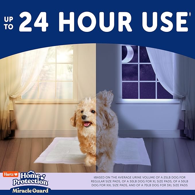 Hartz Miracle Guard Dog and Puppy Dog Pads Max Absorbency 24 Hour Use Odor Eliminating Lavender Scented No Leaks, Regular Size 25 Count