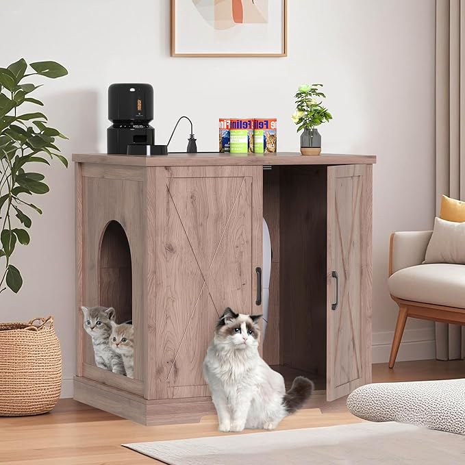 Heybly 34.5" Litter Box Enclosure,Large Robot Cabinet with Charging Station,Wooden Cat Litter Box Enclosure Furniture for Self-Cleaning Robot 3 & 4,Hidden for Smart Litter Box Size,Greige HCLB004SG