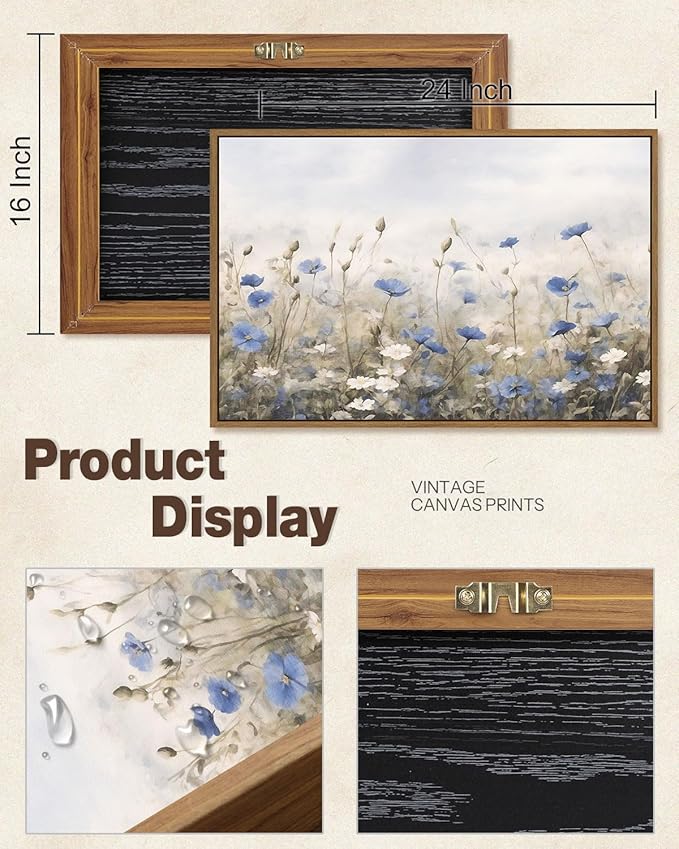 Vintage Floral Wall Art Blue White Flower Canvas Art Prints Wildflower Pictures Wall Decor Nature Landscape Oil Painting Framed Botanical Artwork for Girls Room Bedroom Farmhouse Decoration, 16''x24''