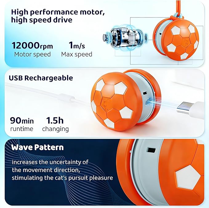 Interactive Cat Toy Ball, Motion Activated Smart Rolling Toy for Indoor Cats, Rechargeable Interactive Toy Ball for Indoor Cats Exercise, Automatic Moving Ball for Boredom to Keep Cats Busy