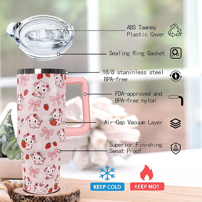 Ceovfoi 40 Oz Strawberry Cow Tumbler With Handle,Cow Print Coffee Travel Mug Cup Water Bottle,Strawberry Decor, Cow Print Gifts for Women