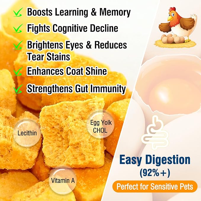 Freeze Dried Egg Yolk Cat & Dog Treats, Single Ingredient, Grain Free, Skin & Coat Health, Healthy Crunchy Rewards Perfect for Training, Food Topper for Cats & Dogs All Life Stages