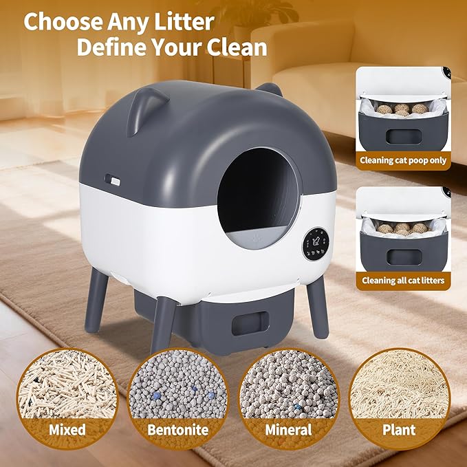 Automatic Cat Litter Box, Self Cleaning Litter Box Large Capacity for Multiple Cats, Electric Litter Box with App Control, Triple Safety Protection, Removable Washable Liner, 1 Rolls Garbage Bags