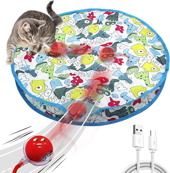 Interactive Cat Toy for Indoor Cat, Hide and Seek Cat Toy, Play Mat Toys with Self Rolling Ball in Pouch, Motion Activate&Buzzing, Rechargeable Pet Teaser Toy (Blue)