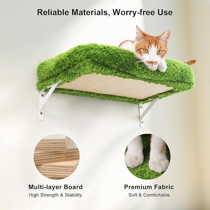 FUKUMARU Cat Wall Shelves, Stable & Safe 4 in 1 Cat Walls Furniture Set, Wooden Kitten Climbing Wall with Scratching Post for 16 Inch Drywall - Green