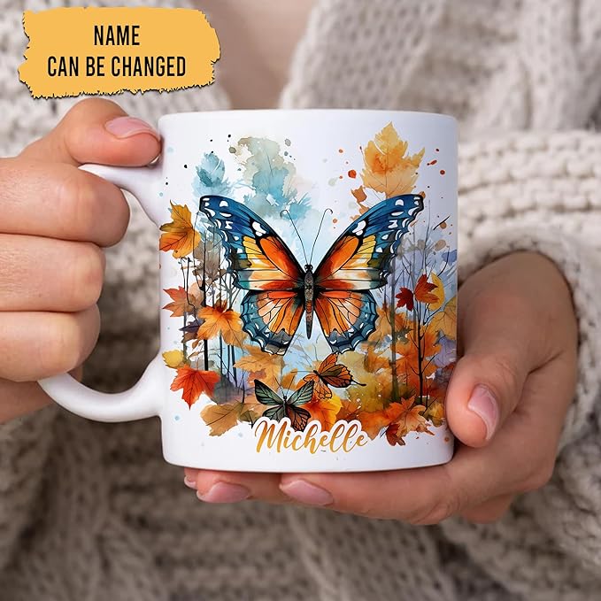 Hyturtle Personalized Fall Butterfly Maple Leaves Coffee Mug - Birthday Gifts For Butterfly Lovers - Fall Autumn Decor Gifts For Farmhouse Thanksgiving - Custom Name 11oz White Ceramic Coffee Tea Mug