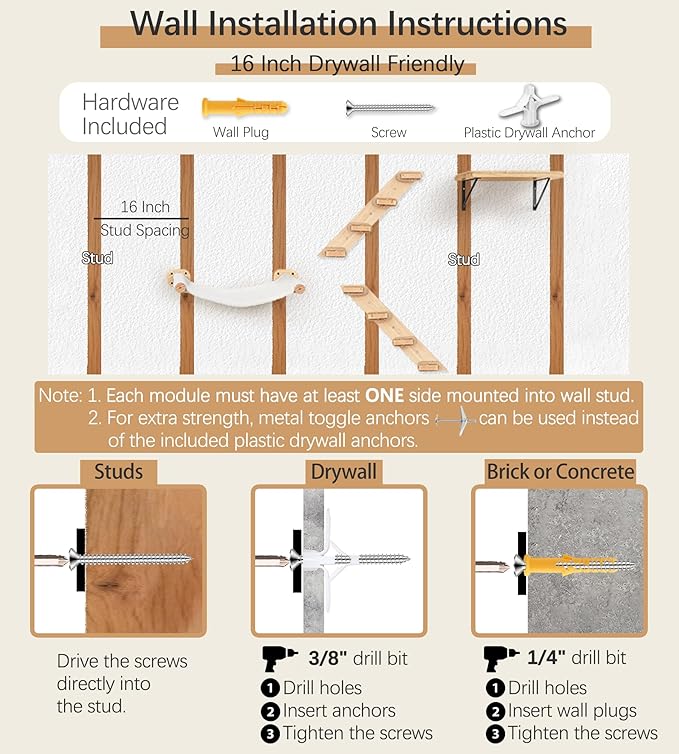 Cat Wall Hammock Set of 3, Wall Shelves with 1 Floating Fabric Hammock, 2 Cat Ladders with 4 Steps Each, Wall Mounted Bed Furniture & Climber for Large Cats