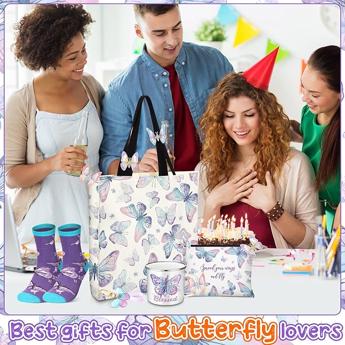 Butterfly Lover Gifts for Women Birthday Gifts Baskets Set Include Canvas Tote Bag, Makeup Bag, Socks, Keychain, Enamel Mug, Small Figurines for Mom, Wife, Sister, Friend
