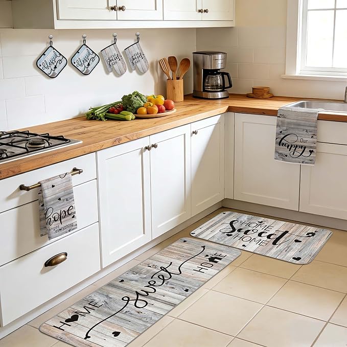 10 Pcs Farmhouse Kitchen Decor and Accessories Set 4 Kitchen Dish Towels 2 Pot Holders 2 Oven Mitts 2 Rugs for Floor Home Decorations Cooking Baking Mom Daughter Gifts Black White Brown