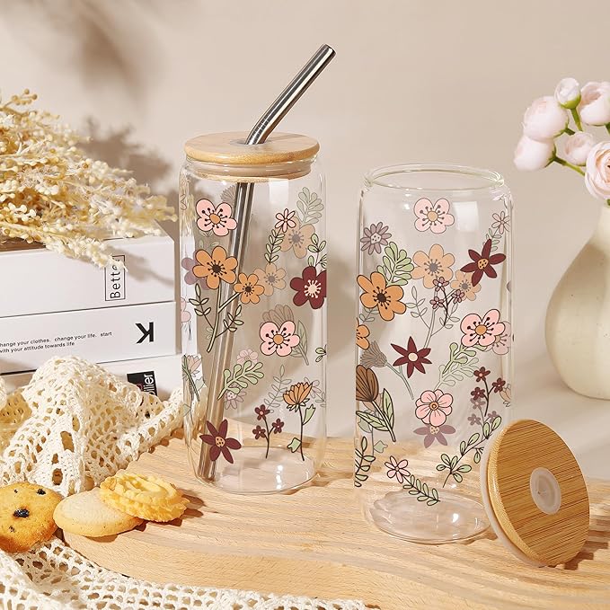 Joeyan Glass Cup with Lid and Straw, Iced Coffee Cups with Positive Crochet Potted Plant Doll, Boho Floral Tumbler for Smoothie Boba Tea, Emotional Support Birthday Mothers Day Gift for Women Mom Her
