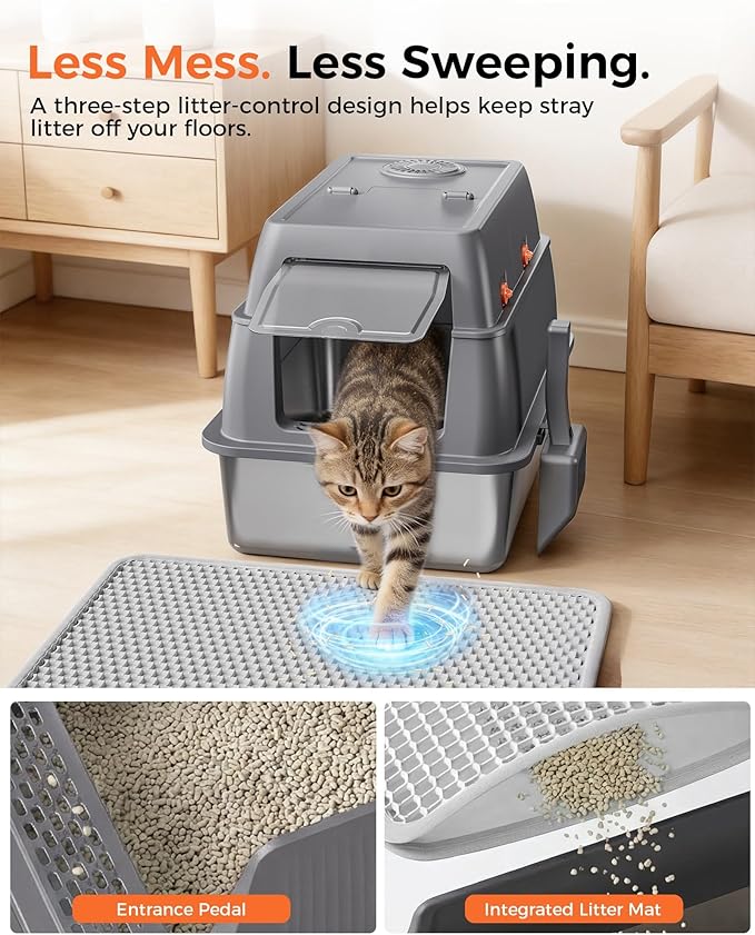GTPLAYER XXL Stainless Steel Cat Litter Box with Lid, High Sided Enclosed Cat Litter Box, Activated Carbon Odor Control, Extra Large Metal Litter Box, Anti-Leak, with Mat & Scoop, Cheeky Kitty