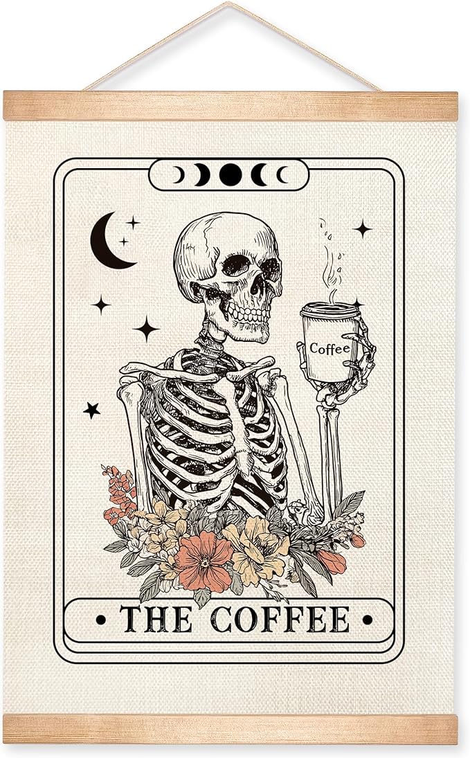 HEYJEEPER The Coffee Tarot Card Wall Art,Retro Skeleton with Floral Canvas Print Hanging Poster,Funny Skull Wall Decor for CoffeeBar,Cafe Shop or Kitchen,Coffee Lovers Gift 14x18inch