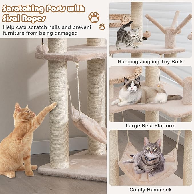 Tangkula Modern Cat Tree Tower, Multi-Level Tall Activity Center with Natural Sisal Scratching Posts, Hammock, Hand-Made Cattail Cute Condo with Funny Toy Balls