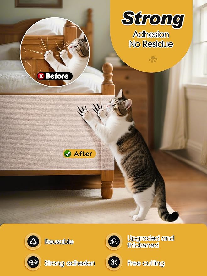 78.7"x15.8" Cat Scratch Mat, Trimmable Self-Adhesive Carpet, DIY Climb Cat Scratcher for Furniture Couch or Wall Protector, Covering Cat Scratching Post Replacement Pads (Beige)
