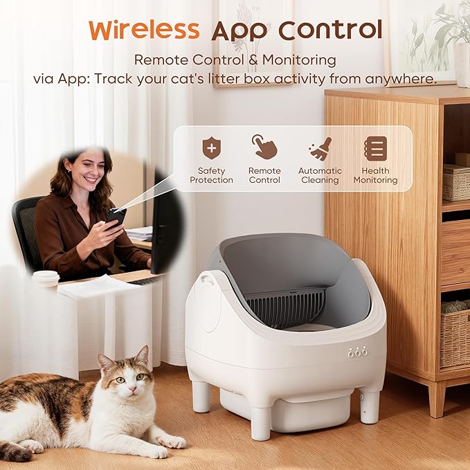 GUNJI Open-Top Cat Litter Box – Electric Auto-Cleaning System, Reliable Odor Management, Smart APP Support, 15L Large-Capacity Waste Bin, Trash Bags & Mat Included (Gray)