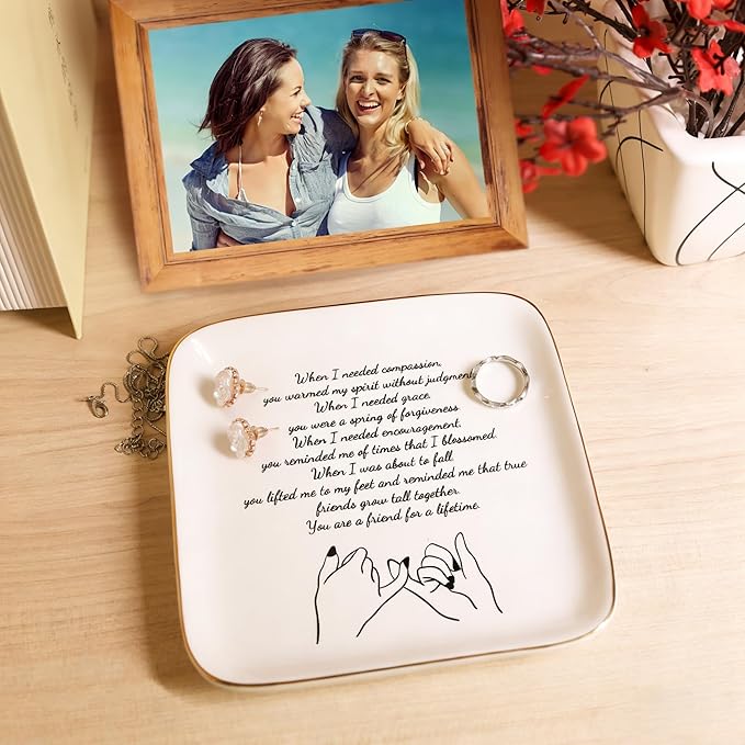 Friend Gifts for Women Friends, Long Distance Friendship Jewelry Tray - Ceramic Trinket Dish Birthday Gifts for BFF Bestie - Unique Sentimental Soul Sister Gifts, 5.5"x5.5" (Friend for a Lifetime)