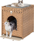 Snughome Cat Litter Box Enclosure Furniture Hidden with Litter Mat, Hidden Washroom Furniture with Door, Handwoven Rattan Cat Washroom Box, Indoor Pet House for Living Room, Bedroom(Natural)