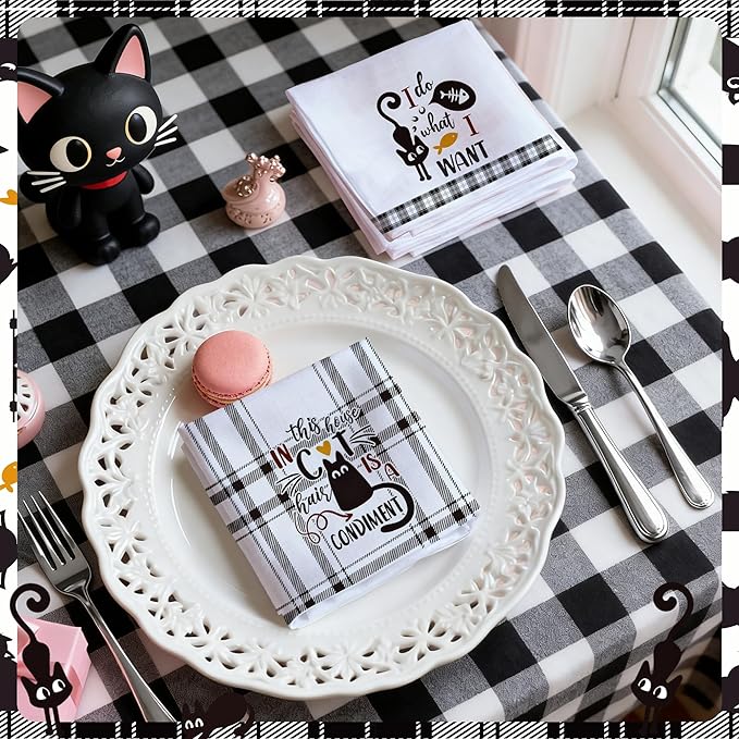 10 Pcs Black Cat Themed Kitchen Decor and Accessories - Sets 4 Kitchen Towels 2 Pot Holders 2 Oven Mitts 2 Rugs for Bathroom Cute Kitty Cooking Farmhome Housewarm Kitten Checkered Baking Gifts