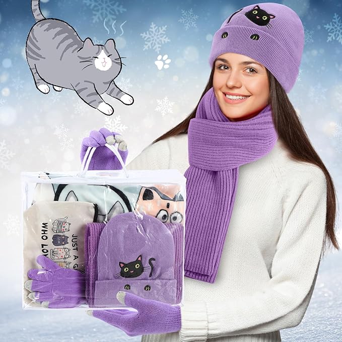 Mepase 6 Pcs Winter Cat Gifts Set for Women Birthday Include Cat Beanie, Scarf, Touchscreen Gloves, Flannel Throw Blanket Makeup Pouch and Transparent Zip Tote Purple Knit Valentine Gift Accessories