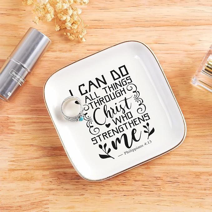 Christian Gifts for Women, Inspirational Religious Gifts for Women, Teenage Girls,Philippians 4:13 Bible Verse Ring Dish, Baptism Confirmation Birthday Mothers Day Chrismas Graduation Gift for Her
