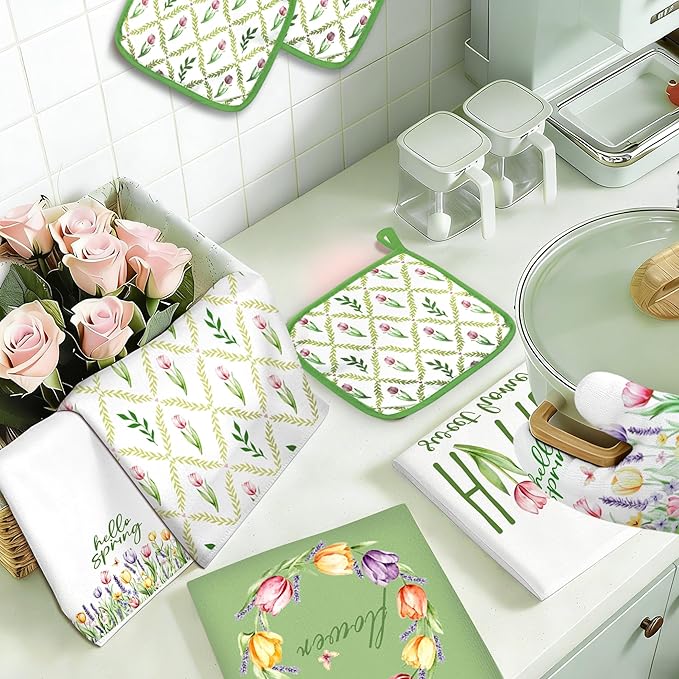 10 Pcs Tulip Floral Spring Style Kitchen Decor and Accessories Set 4 Kitchen Towels 2 Pot Holders 2 Oven Mitts 2 Rugs for Cooking Baking Mom Housewarming Gifts(Green and White)