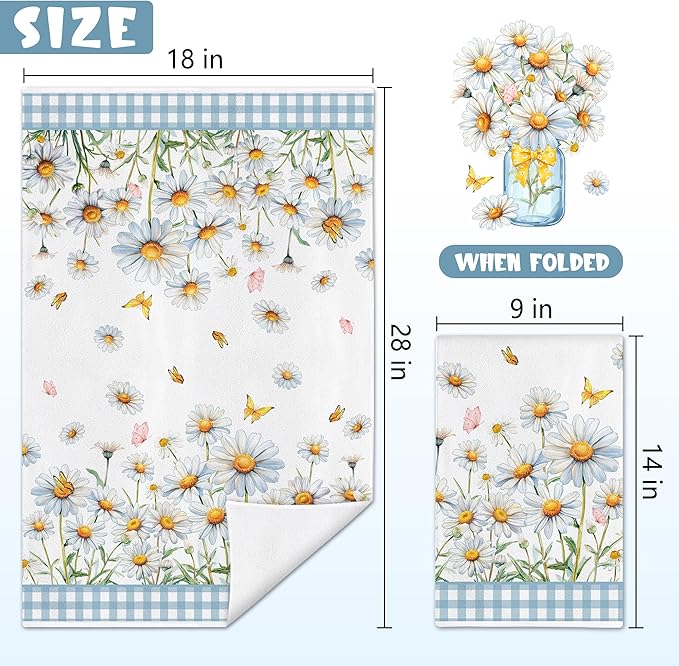 Hexagram Daisy Kitchen Towels Set of 2, Daisy Decor Gifts for Women, Funny Cute Housewarming Dish Hand Towels for Home Kitchen Decor