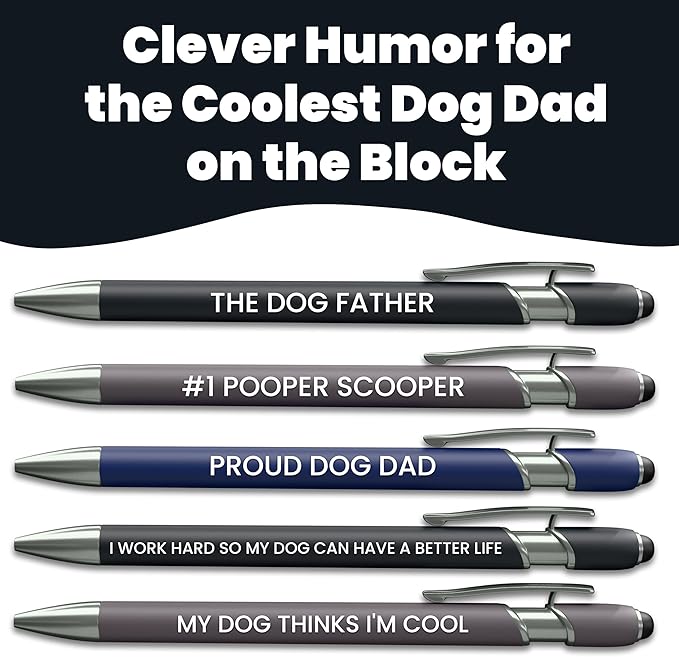 rubyloo Funny Dog Dad Gift Pen Set – 5 Black Ink Ballpoint Pens with Stylus Tip & Quality Metal Barrel with Doggy-Themed Quotes – Cool Dog Dad Gift for Men for Birthday, Father’s Day, Vet Tech