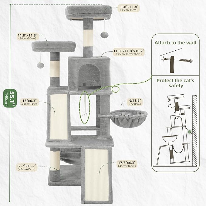 Gitelsnour Multi-Level Cat Tree for Indoor Cats, Cat Tower with 2 Scratching Boards, 2 Plush Padding Platforms, Cat Condo House with Hammock, Basket, Light Gray GCT022W