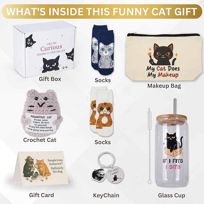 Funny Cat Lovers Gifts for Women, Cat Mom Mothers Day Gifts Box, Premium Cats Themed Gifts Set for Women with Borosilicate Glass Cup Crochet Doll & Socks, Crazy Cats Lady Gift Basket for Birthday