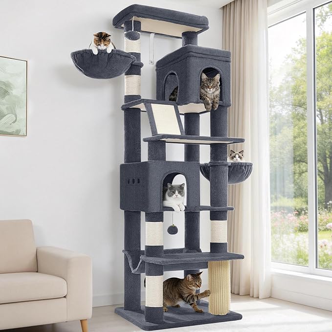 Hzuaneri Large Sturdy Cat Tree Tower, 84 Inch Tall Pet Condo for 7 Large Cats, Cat Tree Indoor Climbing Activity Tower, 2 Large Platform/2 Cave/2 Hanging Basket/5 Scratching Post, Dark Grey MS21318SG