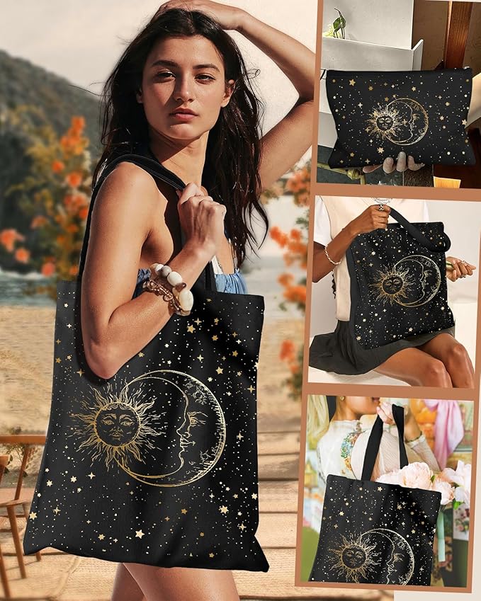 Miss Adola Aesthetic 2 Pack Canvas Tote Bag - with Makeup Zipper Pouch for Women Bag for Shopping, Gym, Travel, Vacation