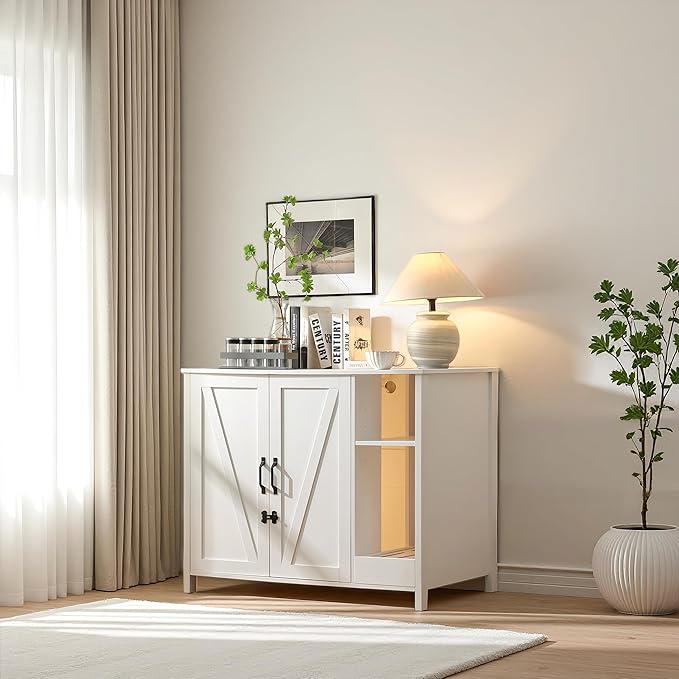 Litter Enclosure with Litter Collector, Litter Cabinet with Dog-Proof Adjustable Shelf, for Placing Cat Robot 3/4, Power Outlet (Cloud White)