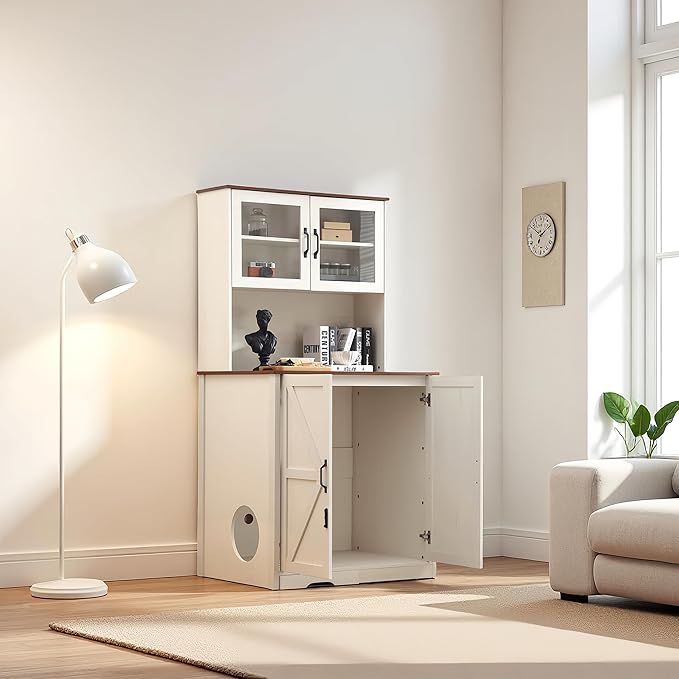 Extra-Large Enclosure for Self-Cleaning Cat Litter Boxes, Wooden Cat Litter Furniture with LED Lighting, a Adjustable Shelf and Doors