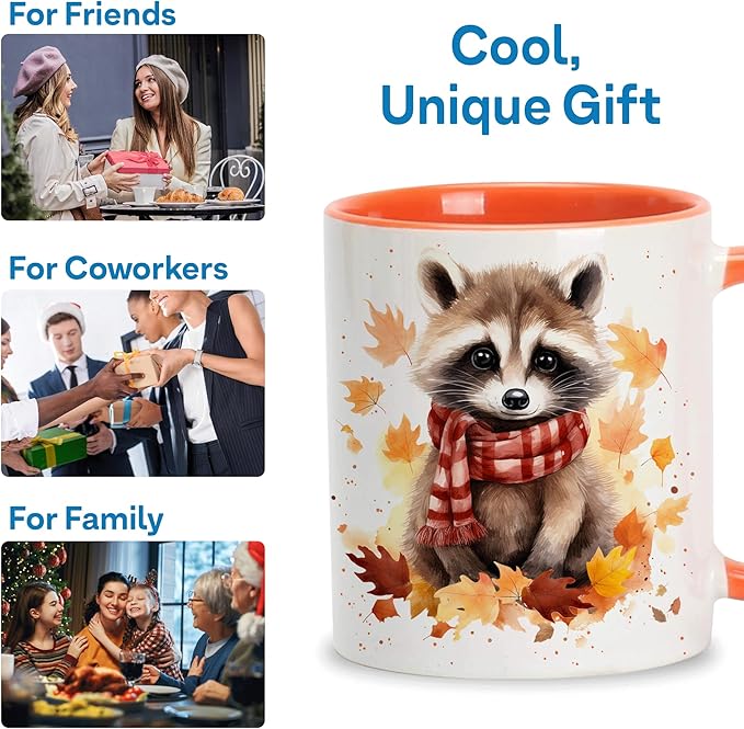Hyturtle Fall Raccoon Coffee Mug - Birthday Gifts For Raccoon Lovers - Fall Autumn Decor For Farmhouse Thanksgiving - Raccoon Gifts For Women - 11oz Two Tone Orange/White Ceramic Coffee Tea Mug Cup