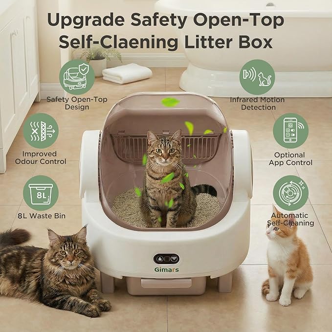 Gimars Open Top Design Self Cleaning Litter Box, Automatic Cat Litter Box for Multiple Cats & Senior Cats, App Control with Safety Sensors, Low Odor, Includes Trash Bags & Litter Mat