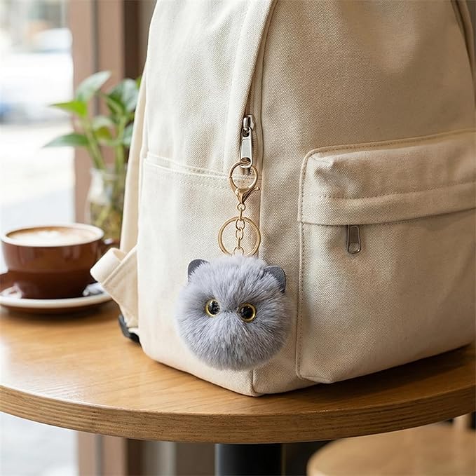 Cute Light Gray Cat Plush Keychain - Kawaii Kitten Pom Pom Keychain, Minimalist Bag Charm for Backpack Purse, Gift for Women Teens