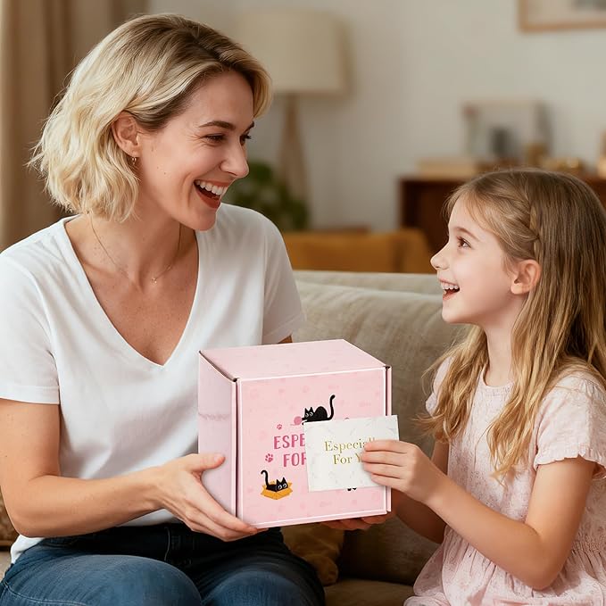 Xqumoi Cat Mom Gifts for Women - Cats Lover Gift Box for Mother's Day, Birthday, Christmas Cute Kitty Present Set for Crazy Cat's Lady Daughters Girls with Tumbler Makeup Bag Paw Socks Bookmark