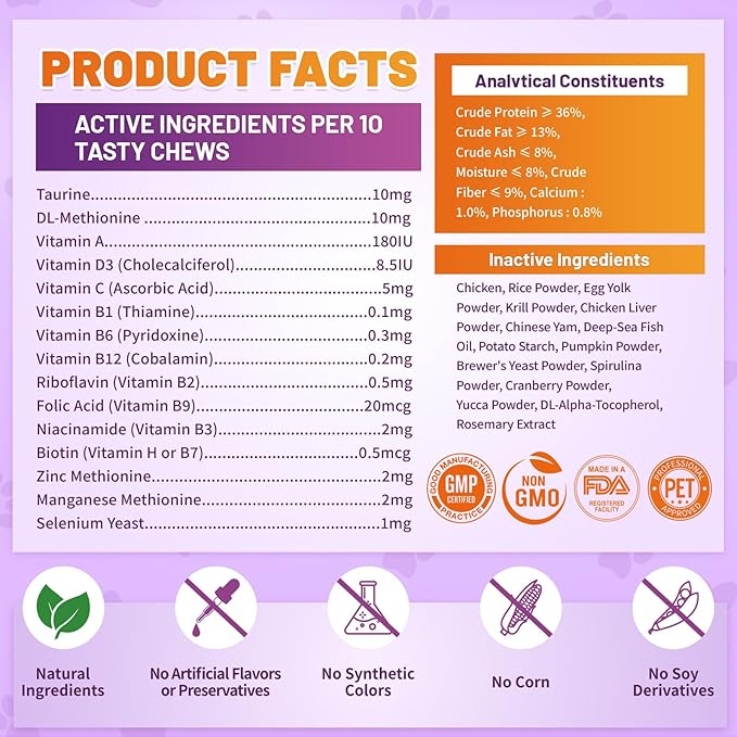 Taurine for Cats Vitamins Treats, 15 in 1 Cat Multivitamin Support Joint, Skin Coat, Digestion, Immunity & Energy, 500 Crunchy & Creamy Chews with Essential Vitamin for Cats All Ages (90-Day Supply)