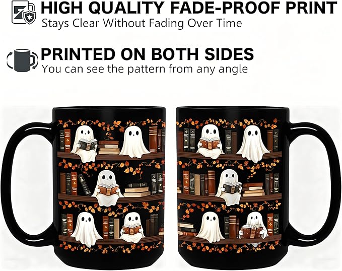 Halloween Cute Ghost Reading Coffee Mug, 15oz Black Ceramic Novelty Tea Cup, Spooky Halloween Ghost & Book Themed Mug for Book Lovers & Readers, Fun Festive Bookish Gift for Women, Men & Coworkers