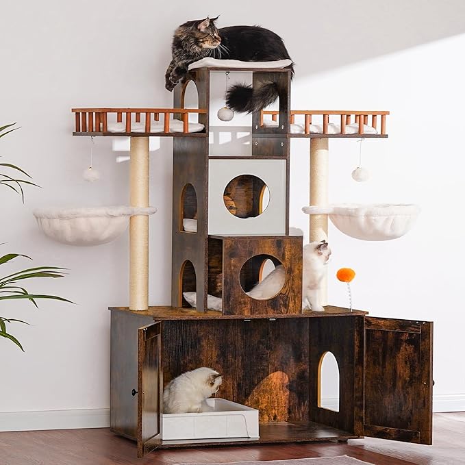 Heybly Cat Tree with Litter Box Enclosure for Indoor Big Cat, Cat Tower for Large Cats 20lbs Heavy Duty, Modern Cat Condo Furniture with Scratching Posts, Rustic Brown HCT110SR