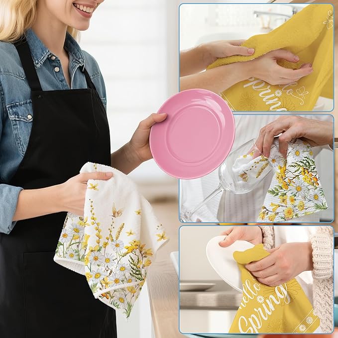 Hexagram Spring Kitchen Towels Sets of 2,Yellow Flower Hand Towels for Bathroom 18x28 Inch, Spring Farmhouse Home Decorations