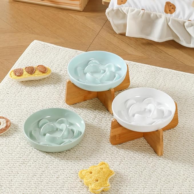 Elevated Slow Feeder Cat Bowl - Melamine Cat Food Plate with Anti-Slip Bamboo Stand - Whisker Friendly Feeding Bowl - Raised Maze Dish for Slow Eating - Pale Blue
