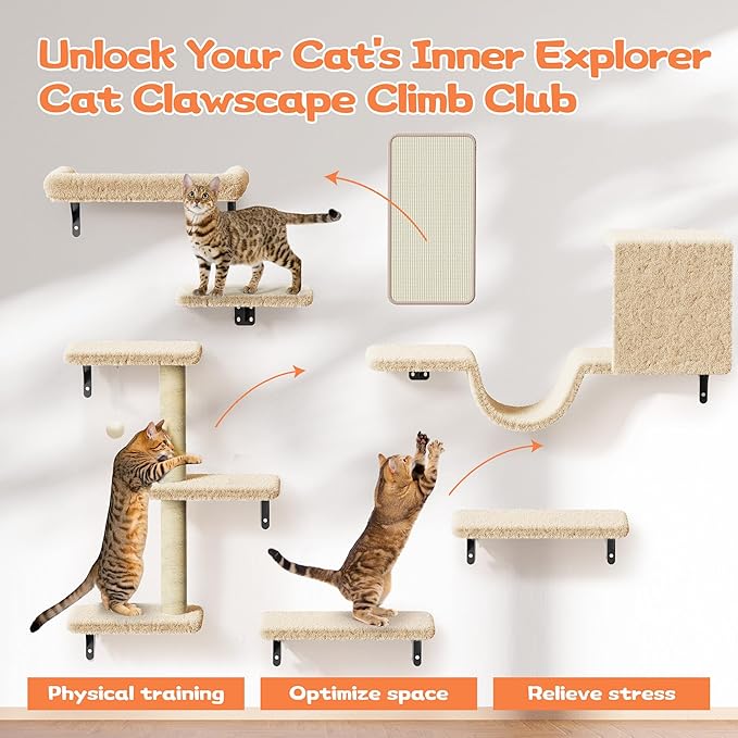 6-in-1 Wall Mounted Cat Climber Set for Heavy Cats,Wall Shelves,Stable & Safe Cat Furniture Set for Large Cats, Wooden Climbing Wall with Scratching Post (White)