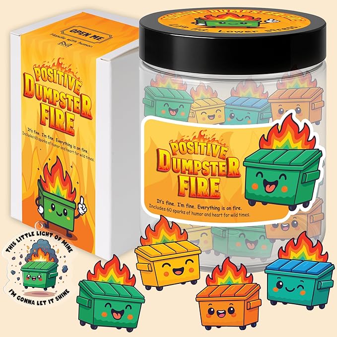 60 Positive Dumpster Fire Cards Jar, Emotional Supports 60 Affirmation Cards for Women, Dumpster Fire Desk Accessories, Unique Zen Garden, Coworker Gifts for Women, White Elephant Gifts