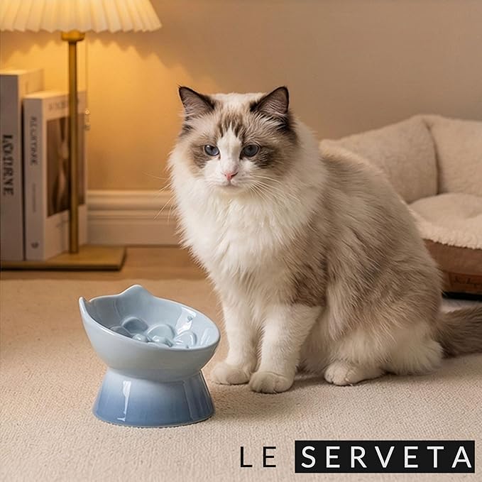 Macarons Series Ceramic Slow Feeder Cat Bowl, Raised Puzzle Feeder, Anti Vomiting Cat Slow Feeding, Elevated Food Bowl, Whisker Friendly Pet Bowl with Cute Ear Design (Gradient Blue)
