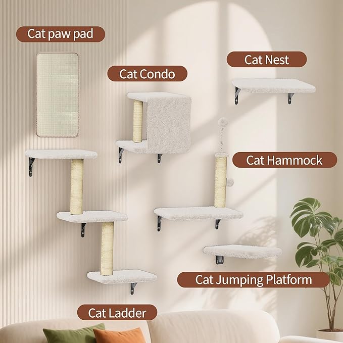 Cat Wall Shelves for Large Cats, Stable & Safe Kitty Walls Furniture Set for 40LBS Cats with Wooden Cat Climber,House, Bridge, Tree, Steps, and Scratcher for 16 Inch Drywall (Beige, 6-in-1)