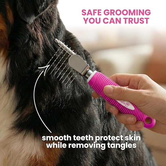 Poodle Dematting Fur Rake Comb Brush for Dogs and Cats - Long 2.5" Steel Safety Blades Metal Comb for Detangling Matted or Knotted Undercoat Hair