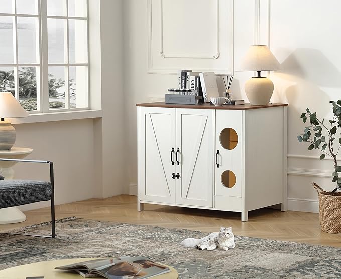Large Cat Litter Enclosure, Automatic Litter Box Enclosure for Cat Robot 3/4,entrace for Dog Proof and Fun,Power Outlet for Litter Cabinet,Litter Collector for Cat Washroom Furniture,Antique White